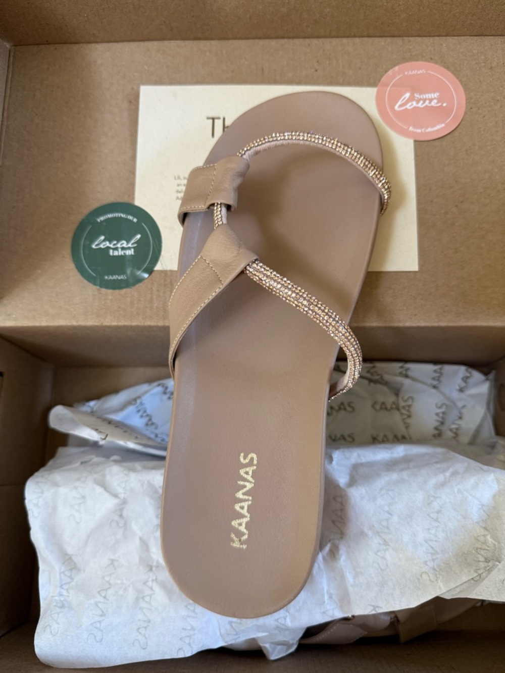 Kaanas Tan Crystal-Strap Slide Sandal